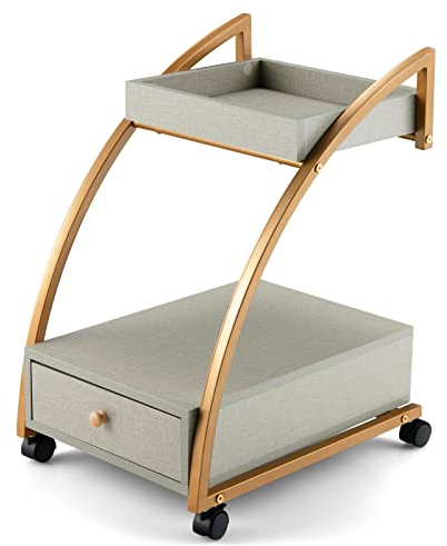 COSTWAY Rolling Sofa Side Table, Mobile Nightstand Bedside End Table with Top Tray, Drawer and Lockable Casters, Golden Metal Frame Coffee Tea Table Trolley for Living Room Bedroom Office