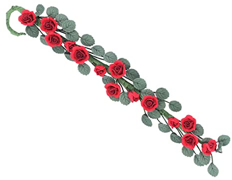 PRTECY Artificial Miniature Rose Vine Faux Red Rose Flower with Green Leaves Hook Hanging Mini Floral Garland for Art Ornament