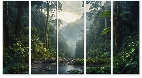 islandburner Tableau sur Toile Forêt Tropicale Paysage Arbres Brouillard Belle Forêt Végétation Rivière Jungle Cadre Affiche Poster Murale Tableaux
