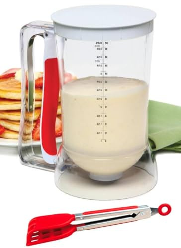 Waffles Batter Dispenser n Waffle Tongs Combo Set,Get Perfectly Fluffy Waffles Every Time! Batter Measuring Separator for Pancakes, Cupcake, Muffin Quick Filling Cookie Batter