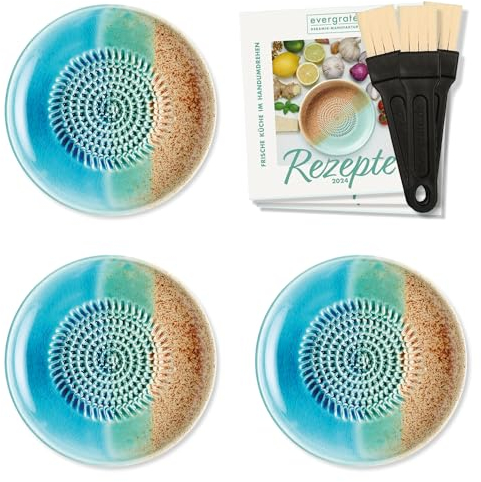evergrate Keramikreibe 3er Verschenkset - 3 Tellerreiben Ocean mit Küchenpinseln und Rezeptheften