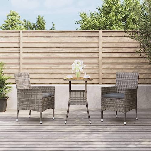 CIADAZ 3-TLG. Garten-Bistro-Set mit Kissen Grau Poly Rattan Bierzeltgarnitur, Gartenbar, Biertisch Bierbänke, Essgruppe, Gartenmöbel Set, Balkonmöbel, 3187434
