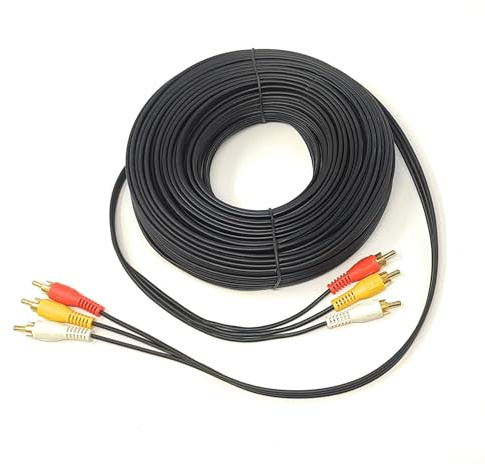 20m Triple 3 x RCA Male to 3 x RCA Male 24K Gold Plated Composite AV Audio Video Cable Compatible with Set-Top Box, Speaker, Amplifier, DVD Player (20m)