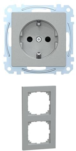 Bundle aus Schneider Electric Merten MEG2300-0460 SCHUKO-Steckdose, erhöhter Berührungsschutz,Schutzkontaktsteckose, Steckklemmen, Aluminium, System M + Merten MEG4020-3660 M-Pure Rahmen 2-fach