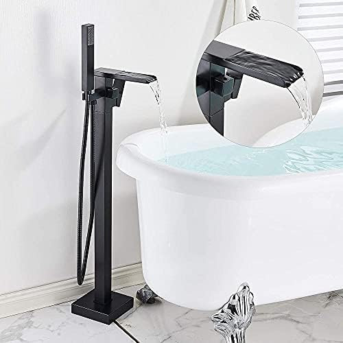 Robinet De Baignoire Sur Pied Avec Bec Cascade Noir Avec Douchette À Main, Robinet De Salle De Bain, Raccords De Robinetterie