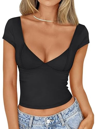 Btofellin T-shirts dam kortärmad t-shirt Y2K crop top V-ringad tröja klubb fest streetwear, Svart, L