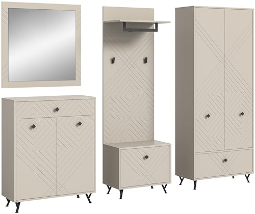 xonox.home Garderobe Notes 5tlg. Set Garderobenkombination Garderobenschrank Garderobenmöbel Flurmöbel-Set Flursystem Stauraumlösung Front sandbeige matt MDF Korpus sandbeige melamin
