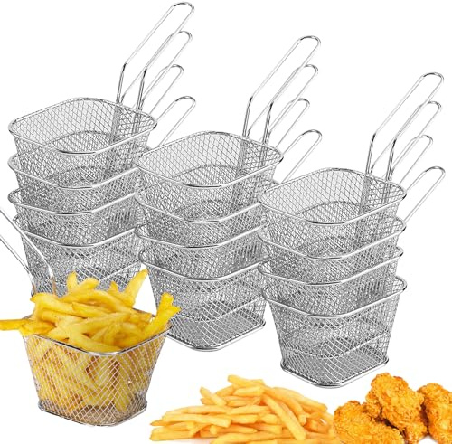 12 stycken pommes-korg: rostfritt stål friteringskorg, små pommekorgar i silver med handtag, fritkorg för serveringskorg för friterade, pommes, frites, räkor, lökringar