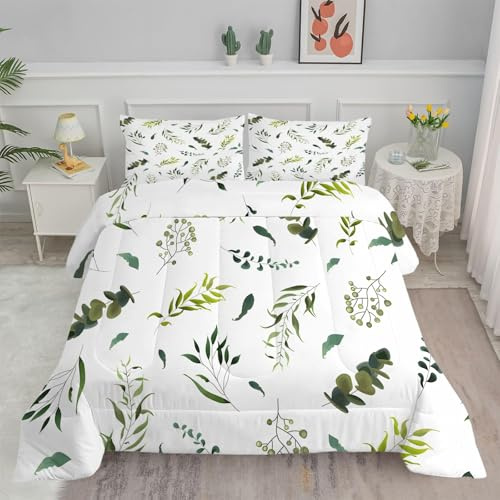 PNHCL Edredon Nordico Cama 105, Relleno Nordico 200x200 cm con 2 Fundas Almohada, Plantas Verdes Reversible Edredón de Fibra 240gr/m², Ligero, Suave, Transpirable para 4 Estaciones, Blanco