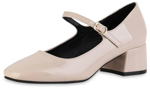 VAN HILL Damen Mary Janes Blockabsatz Lack Klassisch Schuhe 216465 Beige Lack 38