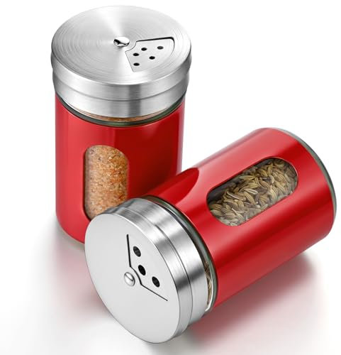 Teenyyou Stainless Steel Salt and Pepper Shakers Set Cruet Glass Pepper Shaker with Holes Stainless Steel Spice Dispenser Salt Shaker with Adjustable Pour Holes Modern Kitchen Counter Decor(Red)