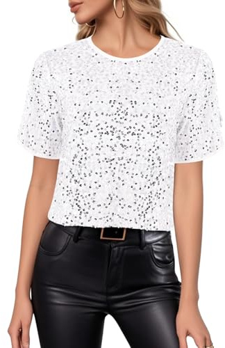 Segreto Damen Glitzer Pailletten Tops Short Sleeved Rundhals Locker Oberteil Glänzende Party Bluse T-Shirts Festliches Outfit