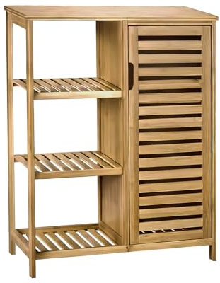 AD.CON Badezimmerschrank Bambus Badregal mit 3 Ablagen und 1 Schranktür 87x66x33cm Natural