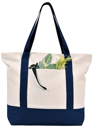 MINIMARG Heavy Duty 100% Cotton Canvas Tote Bag With Zip and external pocket, Suitable for Daily Grocery, Travel, Shopping, Events and Gifts, Sturdy Reusable women Beach Bag (Natural/Navy)