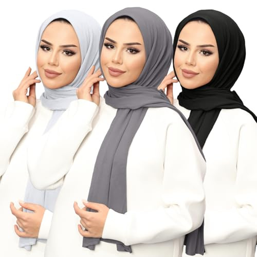 janisramone® Huvudscarf för damer, 3-pack enkla jersey-hijab, muslimsk mjuk stretchig halsduk för kvinnor Storbritannien, moderna damhalsdukar, bön wrap hijabs, eleganta presenthalsdukar för kvinnor,