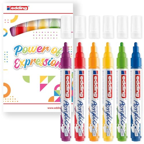 edding 5100 Acrylmarker Medium - Grundfarben - 6 wasserfeste Acrylfarbenmarker - runde Spitze 2-3 mm - Acrylmalstift zum Zeichnen auf Leinwand, Kunstpapier und Holz - Acrylmarker für Kieselsteine
