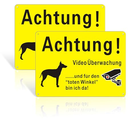 2 Stück Vorsicht Hund Schild, 25x18cm Achtung Videoüberwachung Schild Metall Alu,Reflektierendes Aluminium,Wetterfest – Für Innen- und Außenbereich,Gelb