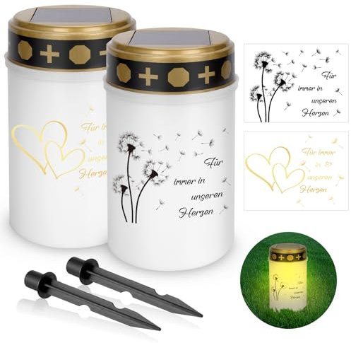 YYSWSAKY Confezione da 2 luci tombali solari per esterni, con picchetto e 4 adesivi, resistenti alle intemperie, a energia solare, con sensore crepuscolare (7 cm x 12 cm).