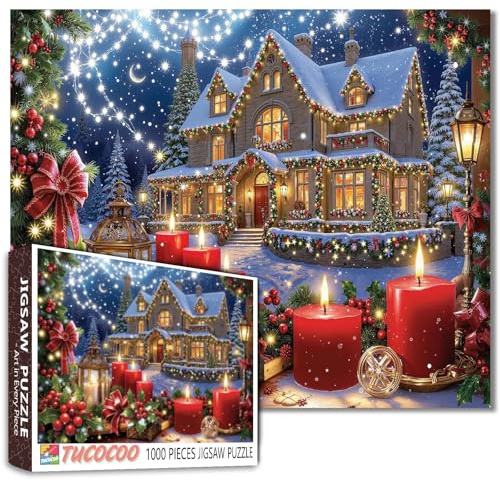 Snowy Night House Christmas Lights Candles Romantic 1000 Piece Puzzle for Adults Beginners Winter Scene DIY Craft 27x20 Inches