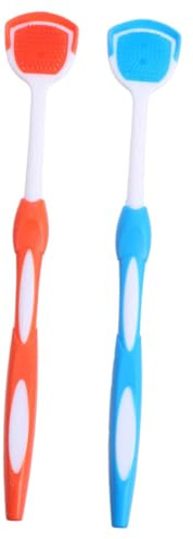 SAFIGLE 2 pezzi Raschietto Lingua Portatile per Adulti Spazzola Pulizia Lingua Ergonomica per Fresco e Igiene Orale Profonda Blu e Arancione
