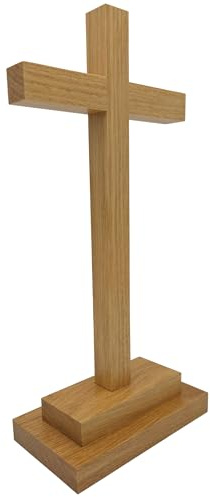 Lunexus Croix sur pied en bois de hêtre massif - Croix de table faite à la main avec socle 28,5 × 13 × 6,5 cm - Croix bénie avec certificat pour baptême, communion, confirmation et autel de maison