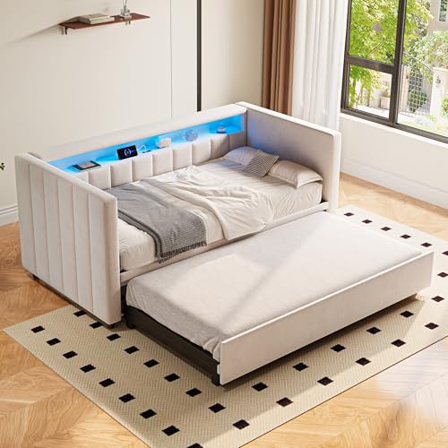 Luscriate Multifunktionales Schlafsofa 90×190 cm aus Samt mit Ausziehbett, USB-C-Anschluss, LED-Beleuchtung & Stauraum – Modernes Tagesbett für Wohnzimmer, Gästezimmer & Jugendzimmer (Beige1)