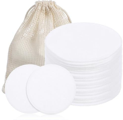 Grevosea 20 Pcs Reusable Cotton Rounds for Face, Makeup Remover Pads Reusable Cotton Face Pads with a Mesh Washable Laundry Bag for Makeup Removal Facial Cleansing Skincare Travel Essentials