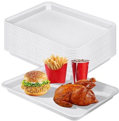 20 Pcs White Serving Trays, Large Plastic Catering Trays, 40 x 28 x 3cm | Reusable Plastic Serving Platters, with Raised Edge, Stackable Buffet Platters for Home, Restaurant, Bar and Kichen