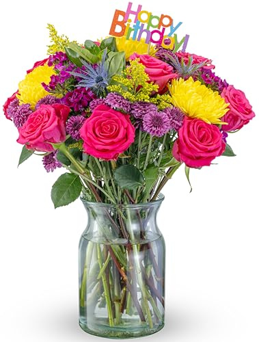 Benchmark Bouquets Pink Rose Bouquet – Mothers Day Flowers for Delivery – Fresh Cut Floral Arrangement – Hot Pink Roses – Gifts for Mom, Birthdays & Celebrations – Glass Vase Included