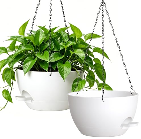 WSMKSZ 33cm Große Selbstbewässernde Blumenampel Hängend Innen Außen, 2er Set Dicker Kunststoff Blumentopf Hängend mit Drainageloch & Wasserreservoir, Hängetopf für Balkon, Veranda, Weiß