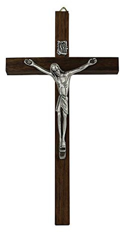 Eurofusioni Crocefisso INRI in Legno di Noce e Cristo Placcato Argento - h 15 cm