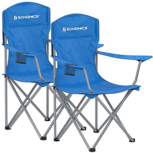 SONGMICS Set of 2 Folding Camping Chairs, Comfortable, Heavy Duty Structure, Max. Load Capacity 150 kg, with Cup Holder, Outdoor Chairs, Blue GCB08BU