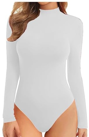 BODYWEAR LTD Ladies Turtle Neck Bodysuit Ladies Long Sleeve Stretch Leotard Top Sizes (White, 8-10)