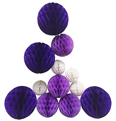 Honeycomb Balls Party Decorations 12 Pieces4 6 8 Tissue Paper Pom Poms Flower Balls for Birthday Wedding Party Baby Shower Nursery Wall Decor (12 Pieces 4 6 8 White,Light Purple,Purple)
