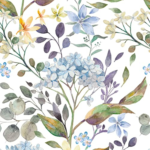 VEELIKE Papel Pintado Flores Azul Acuarela 44.5cm×900cm Papel Autoadhesivo Pared Tropical Hojas Blanco Naturaleza Vintage Fotomurales Decorativos Pared Dormitorio Baño Vinilos para Muebles Extraíble