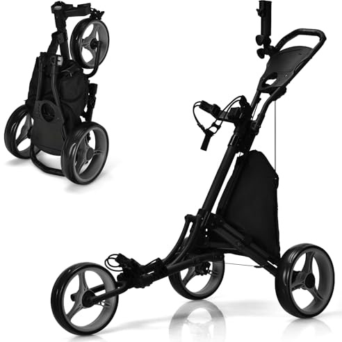 GYMAX Carro de Golf de 3 Ruedas, Carrito de Golf Plegable con Asa Ajustable y Soporte para Paraguas y Soporte Superior para Bolsillo, Carrito de Golf con Soporte para Bebidas y Marcador (Gris)