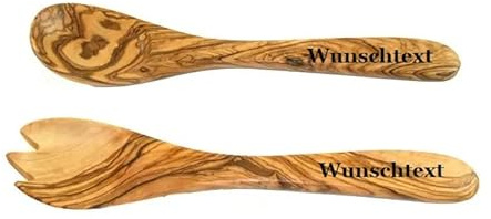Personalisierbares 2-tlg. Salatbesteck aus Olivenholz, als Geschenk für die Küchenfee, den Hobbykoch, Küchenchef, inkl. Wunschgravur (klein - ca. 21 cm)