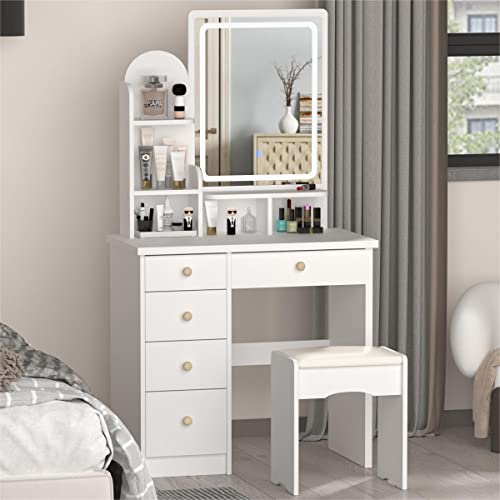 DEZAGCE Schminktisch mit LED verstellbare Beleuchtung und große Spiegel, Kosmetiktisch mit 5 Schubladen, Frisiertisch mit Hocker, Schminktische, Großer Stauraum, weiß, MDF, 80 B x 40 T x 140H cm