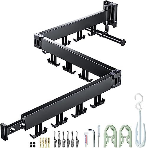 Wäscheständer Wandmontage, Platzsparend,3-Fach Faltbar, Ausziehbar Kleiderstange mit Verlängerungsstange, Aluminium Wandwäschetrockner mit 24 Haken, für Balkon, Terrasse (Schwarz-Doppelhaken)