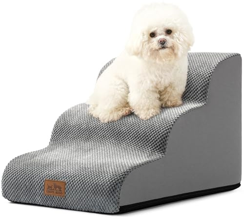 COZY KISS Scale per Cani di Piccola, Scale per Animali per Letto, Divano e Sedia, Rampa per Gatti con Rivestimento Lavabile e Fondo Antiscivolo, Leggera, 40x57x40cm, 3 Gradini, Grigio