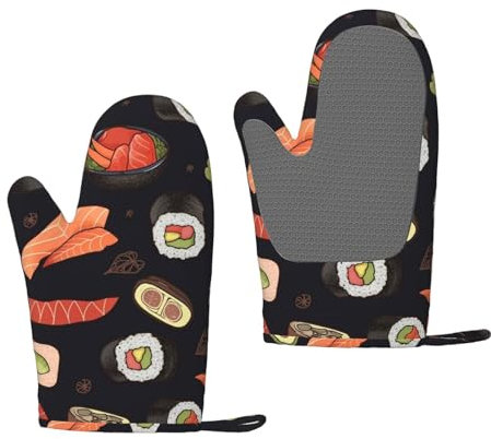 Stampa con motivo sushi giapponese nero, Guanti da forno in silicone Guanti da cucina antiscivolo, Guanti da forno resistenti al calore Un paio