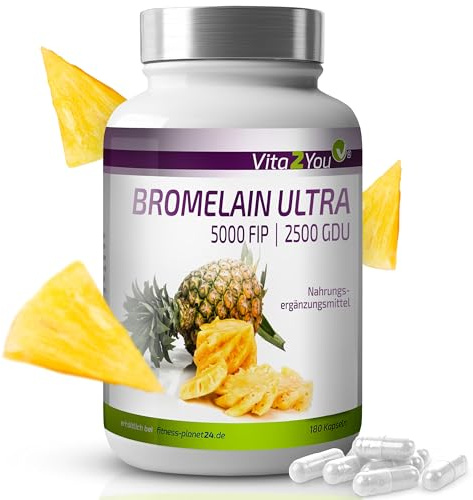 Vita2You Bromélaïne 5000FIP - 180 gélules - gastro-résistant - sans additifs - 10 000 FIP/gramme - Hautement dosé - Qualité supérieure