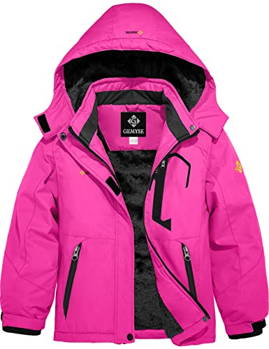 GEMYSE Girl's Waterproof Ski Snow Jacket Fleece Windproof Winter Jacket with Hood (Rose Red,6/7)