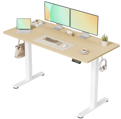 Claiks Schreibtisch Höhenverstellbar Elektrisch, Höhenverstellbarer Schreibtisch 140x60 cm, Standing Height Adjustable Desk, Weiß Gestell/Beige Oberfläche