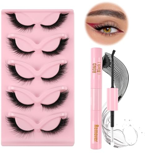 Glowing Win Falsche Wimpern Set mit Kleber Falsche Wimpern Cat Eye Lashes Falsche wimpern 5 Paar Natürliche Wimpern with Bond and Remover Angel Winged Fox Eye Fake Lashes Set