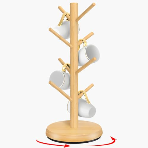 ZYZWTG Mug Holder Tree,New Upgraded 360° Rotated 8 Hooks Coffee Cup Holder for Counter,Wood Coffee Mug Rack Standing for Coffe e Bar Accessories and Kitchen Home Organizer(Natural)