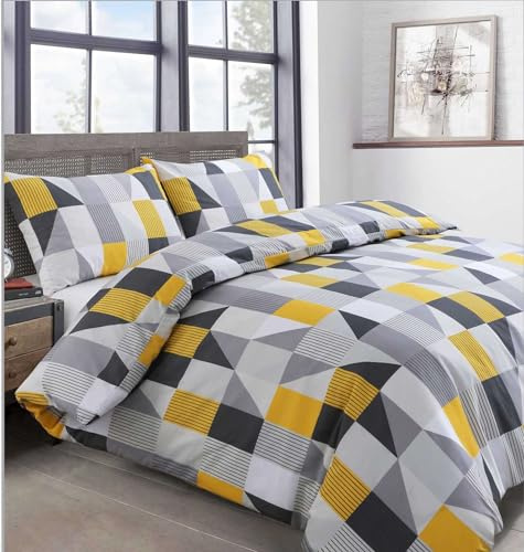 Velosso Geometric Striped Squares Yellow Bedding Duvet Cover and Pillowcase Set Non Iron Easycare Quilt Cover and Pillowcase Set (Yellow, Double)