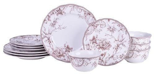 222 Fifth Adelaide Brown on White 12-Piece Dinnerware Set – Service for 4, Big Dinner Plates and Bowls Sets,Durable Porcelain, Microwave and Dishwasher Safe, for Everyday Dining & Entertainment