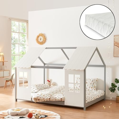 [en.casa] Kinderbett Tostedt mit Matratze Hausbett Jugendbett Bettenhaus Spielbett Halboffenes Design Montessori Bett aus massiver Kiefer Bettgestell Holz 120 x 200 cm Grau/Weiß