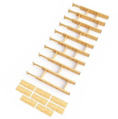 SpaceAid Bamboo Drawer Dividers with Inserts and Labels, Kitchen Adjustable Drawer Organizers, Expandable Organization for Home, Office, Dressers, 10 Dividers with 24 Inserts (17-22 Natural)